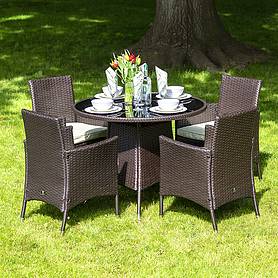 Katie Blake Garden Rattan 4 Seater Round Dining Set with Cushions and Glass Table Top Taupe Brown